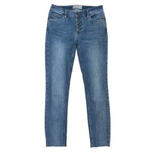 Free People Button-Fly Skinny Jeans W27 Blue Raw Hem Mid Rise Stretch